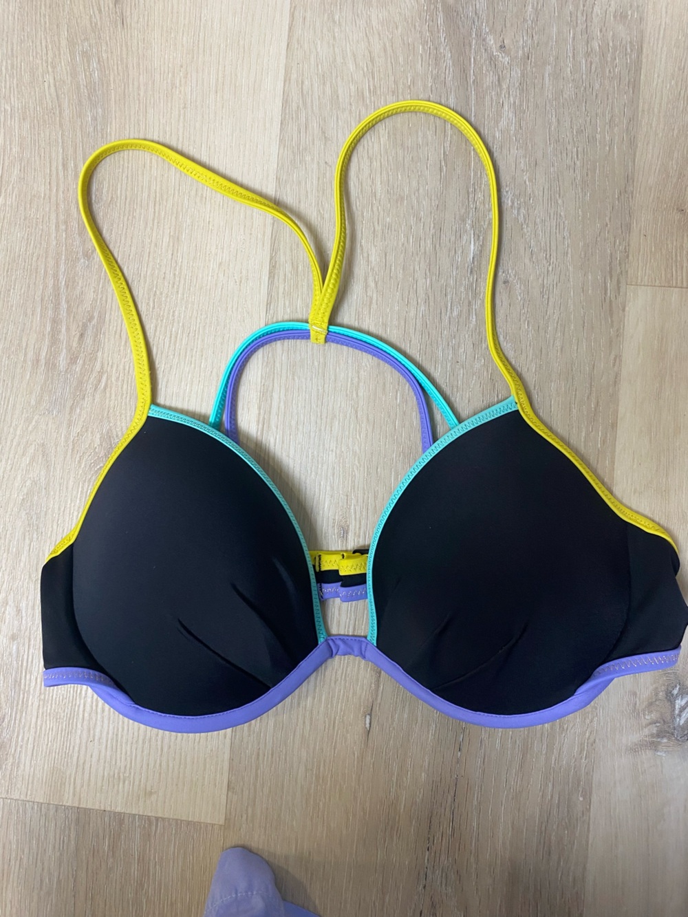 Victoria's Secret Black Bikini Top with Yellow, Teal & Lavender Trim
